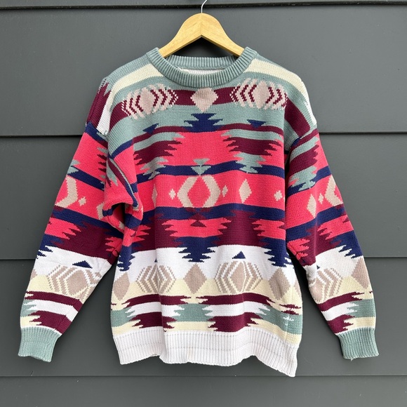 Sweaters - Vintage Aztec Design Cotton Sweater - made in Hong Kong